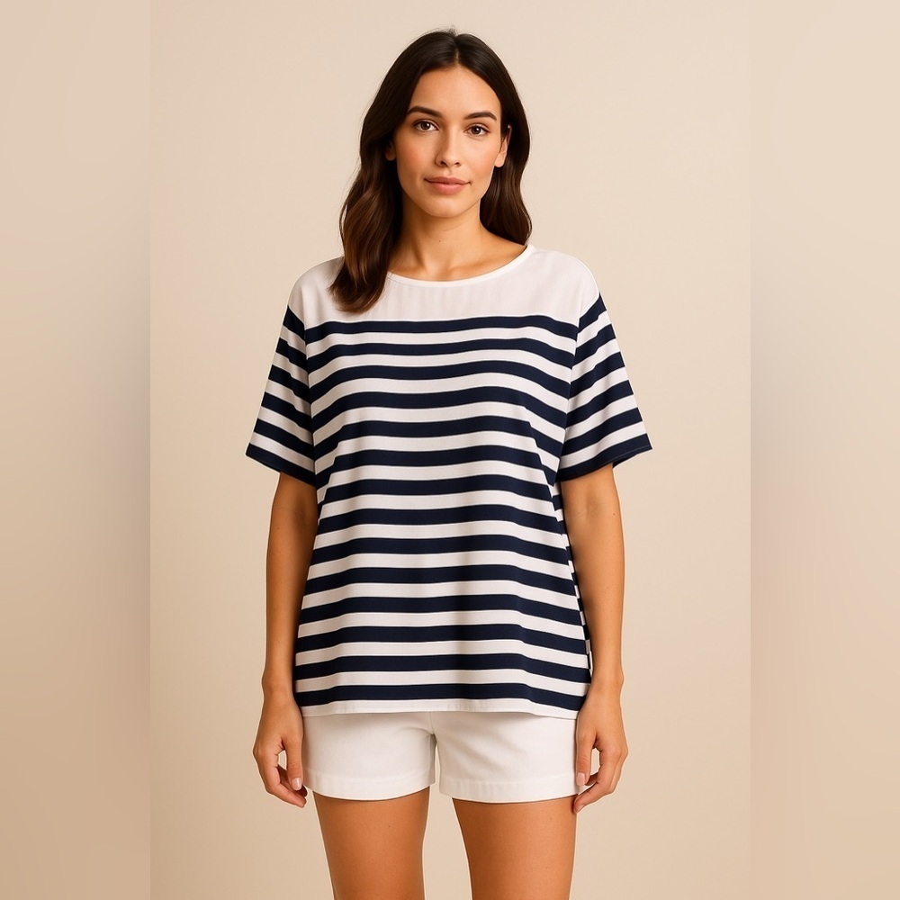LOFT Sheer Striped Blouse Tunic Boxy Nautical Preppy Coastal Beach Boho PS
